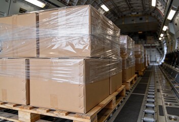 Stacks of shrink-wrapped cardboard boxes on wooden pallets in a cargo bay with roller tracks.