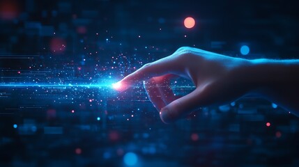 Hand interacting with futuristic digital interface in dark space