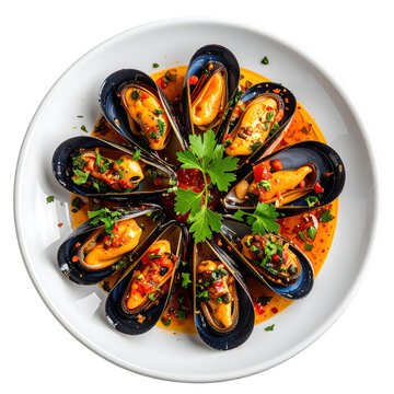 A portion of midye dolma, stuffed mussels with aromatic rice and spices, beautifully arranged isolated on white background
