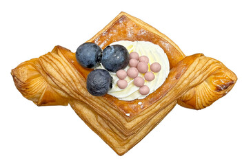 Danish croissant with blueberry. Creamy fruit puff pastry danish. Fruit filled French puff pastry dessert