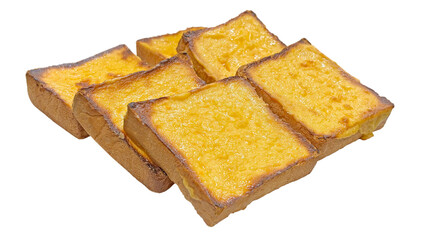 Golden butter toast slices. Buttery toast slices arranged together. Golden brown toast stacked slightly offset