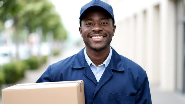 Cheerful delivery man holding a package smiles and looks towards the camera with a blurred background