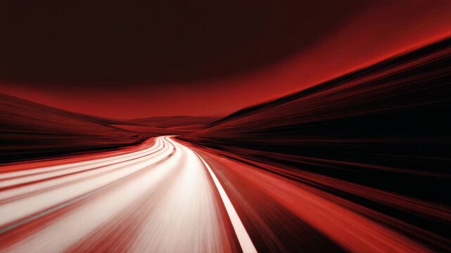 Fast highway curve road motion blur landscape red sky light speed night leading into red horizon with dynamic glowing streaks creating dramatic atmosphere and speed