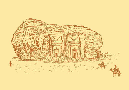 A vintage historical drawing concept of a tomb mountain in Madain Saleh at Al Ula, Saudi Arabia where tombs are carved on desert mountain. Editable Clip Art.