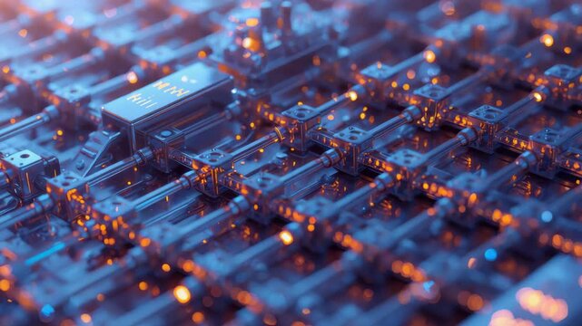 Futuristic glossy circuit board network with glowing connectors and linear actuators, warm blue