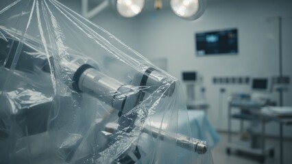 Modern Robotic Surgery System Protected by Sterile Drape Awaiting Use in High Tech Operating Room