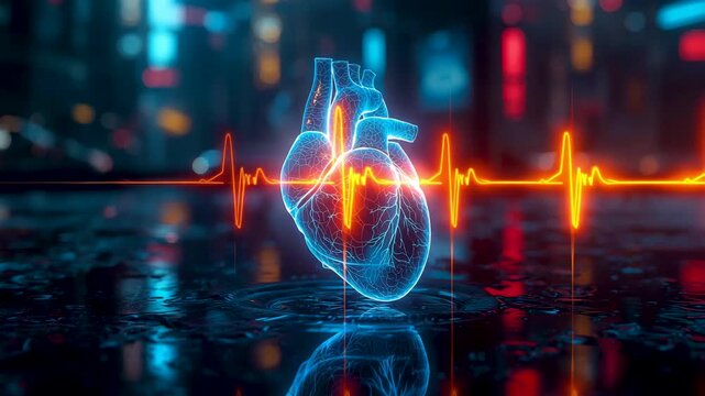 Glowing digital heart hologram with electrocardiogram waveform on reflective surface