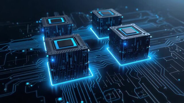 High tech processor cube glowing circuit board with neon lit microchip cubes connected by circuit
