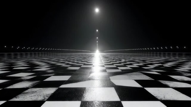 Black and white checkerboard floor reflecting row of distant lights dark sky creating surreal perspective and moody atmosphere long reflective checkerboard runway night with repeating overhead lights