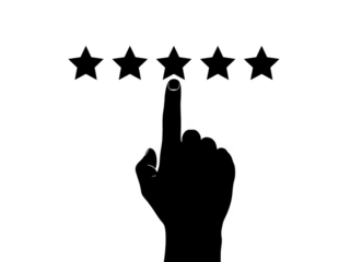 A black silhouette of a hand pointing to a row of five stars isolated on white background