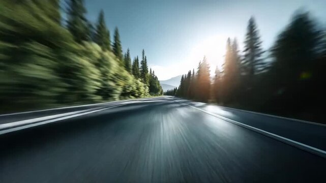 Sunny open road and empty highway through forest with pine tree motion blur, speed, morning sunlight and sun glare on asphalt creating bright dynamic travel excitement
