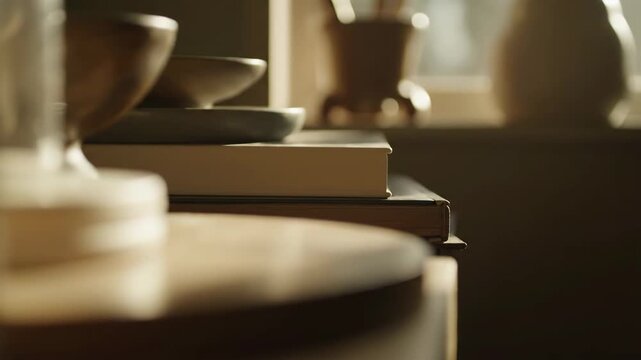 A serene scene with soft morning light casting gentle shadows on various household items and books.