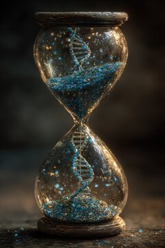 Surreal conceptual art of a DNA helix inside a glass hourglass with glowing golden particles representing biological clock and genetics
