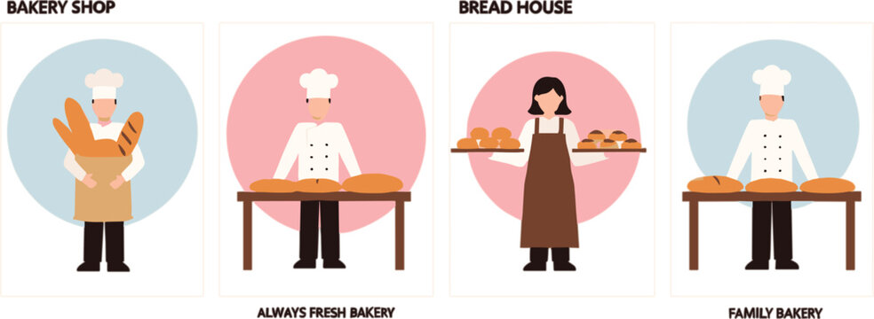 Professional baker characters with fresh bread and bakery shop signs set for artisan bakehouse branding and pastry business design