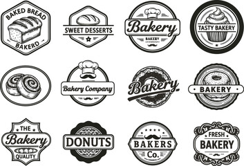 Obraz premium Vintage bakery and pastry labels vector set featuring hand drawn bread donuts and cupcakes for retro cafe branding and food packaging