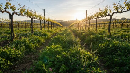 Obraz premium Vineyard Rows at Sunset: A Serene Landscape of Vines and Golden Light in Napa Valley