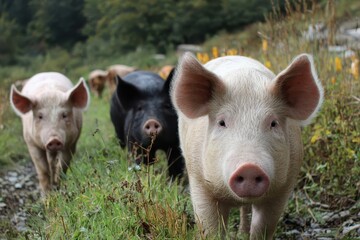 Realistic depiction of free range pigs exploring a lush pasture during the daytime in a serene countryside setting, showcasing their natural behavior and environment