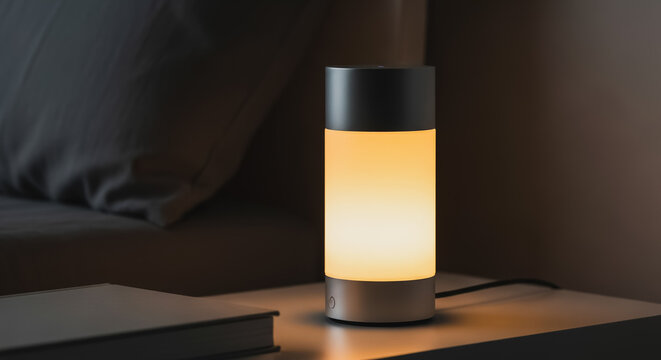 Soft glowing cylindrical modern table lamp on a bedroom nightstand, providing warm ambient light for relaxation and home comfort