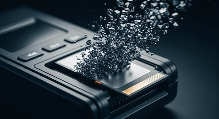 Digital Data Explosion: Crystalline shards bursting from a high-speed memory card in a reader, symbolizing rapid information transfer, digital security, storage technology, and modern computing