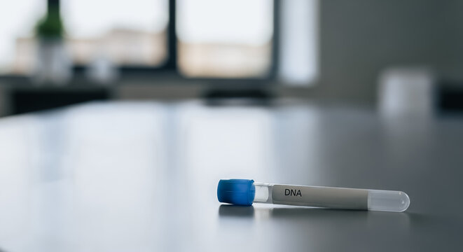 DNA Test Tube Close-up on Lab Table. Genetic analysis, forensic science, and medical research sample collection in a modern clinical laboratory environment.