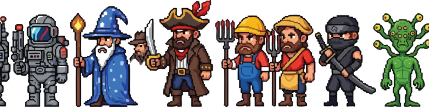 A collection of diverse pixel art character sprites including an astronaut wizard pirate farmer ninja and green alien monster for game development projects.
