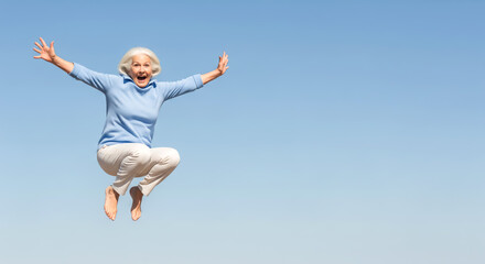 Happy Active Senior Woman Jumping Against Blue Sky