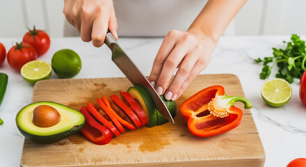 Woman cutting fresh avocado and bell pepper on a wooden board, preparing healthy lunch or dinner. Diet, vegetarian food, and cooking concept on marble countertop.