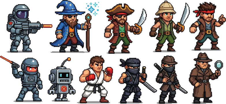 Diverse collection of pixel art character sprites featuring fantasy and modern heroes including an astronaut a wizard a pirate and a detective for gaming projects