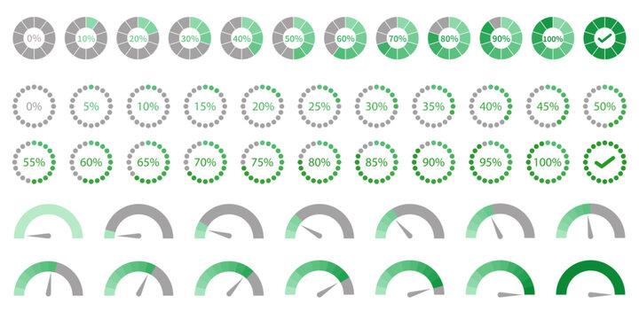 Percentage infographics in green color. Circle loading and circle progress collection. Set of circle percentage diagrams for infographics 10 20 30 40 50 60 70 80 90 100 percent. speedometer energy