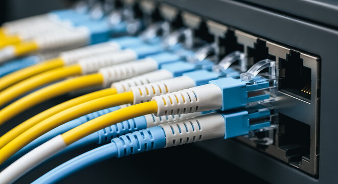 Fiber Optic Cables Connected to Network Switch Ports. High-speed data transmission and internet backbone infrastructure connection detail in a corporate datacenter.