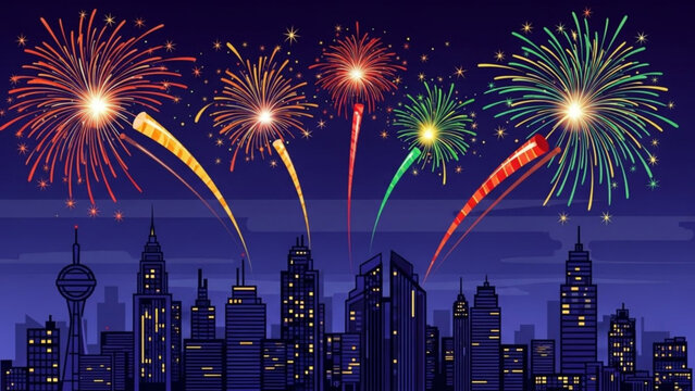 Colorful fireworks exploding over a modern city skyline at night celebrating a festive occasion with bright light displays