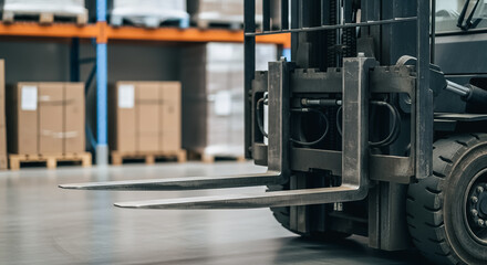 Fototapeta premium Close-up of industrial forklift forks in a warehouse