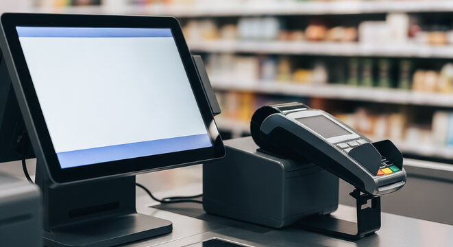Modern POS System and Credit Card Payment Terminal with Blank Screen Mockup on Retail Checkout Counter