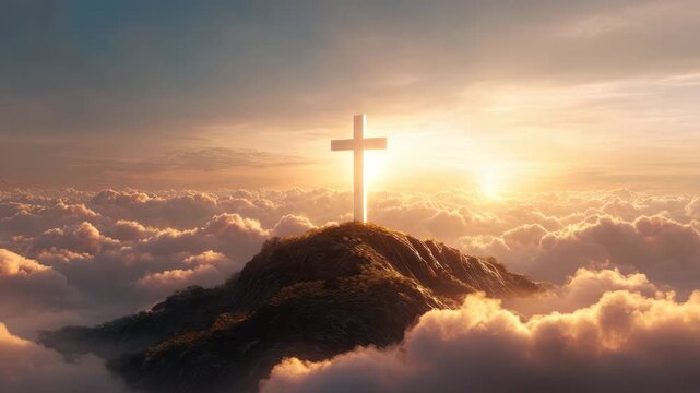 Majestic glowing radiant wooden cross on mountain hilltop peak above sunrise clouds and sky, sunrise light and cloud sea, serene spiritual scene conveying hope, solitude and reverence
