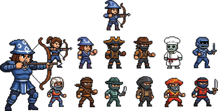 Collection of diverse pixel art character sprites featuring archers wizards pirates cowboys zombies chefs and various melee fighters ready for game development projects