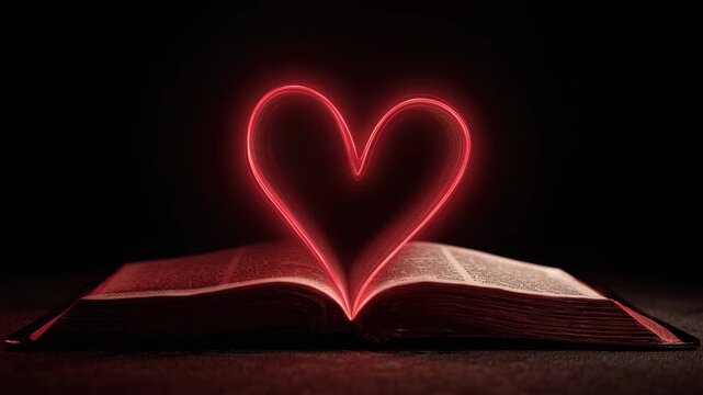 Open book heart shape glowing neon light over pages glowing red heart rising from pages creating romantic warm atmosphere and soft shadow open book with glowing red heart light forming above pages