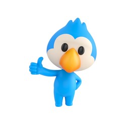 Fototapeta premium Cute 3D render Blue Bird character giving a thumbs up with one hand while the other hand rests on the hip, confident and friendly mascot style, isolated on white background.