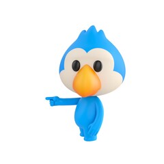 Fototapeta premium Cute 3D render Blue Bird character pointing to the side while facing the camera, one hand relaxed at the side, friendly and confident mascot style, isolated on white background.