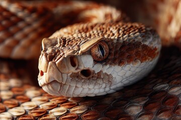 Obraz premium Rattle snake resting on a textured surface showcasing its intricate scales and distinctive features in natural light