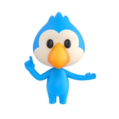 Fototapeta premium Cute 3D render Blue Bird character explaining with one hand open to the side and the other hand pointing up, confident and informative mascot style, isolated on white background.