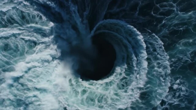 Powerful Ocean Whirlpool Vortex Swirling Dark Blue Water with White Foam