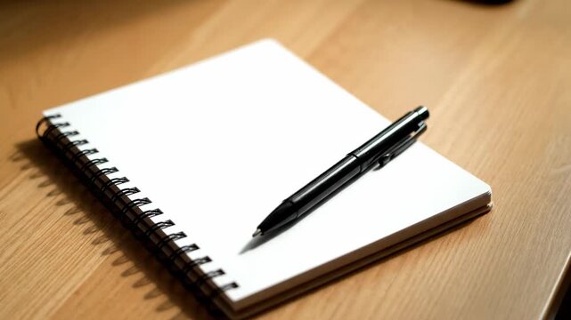 A black pen rests atop a spiral-bound notebook on a wooden surface