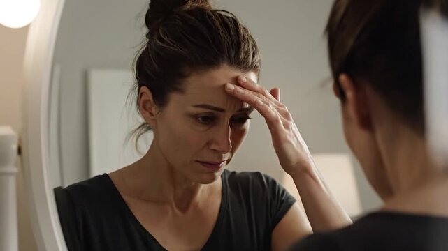 Woman examining her face in mirror with worry