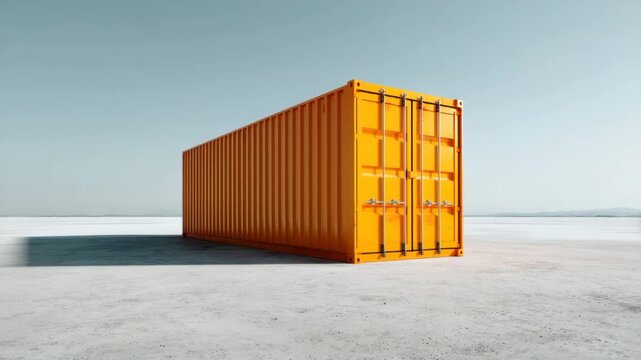 Bright orange shipping container empty salt flat sunrise with long shadow conveying solitude and industrial contrast combined with orange shipping container standing alone empty concrete landscape
