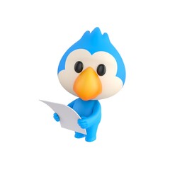 Cute 3D render Blue Bird character standing and holding a sheet of paper, looking up toward the camera with an attentive and thoughtful expression, isolated on white background.