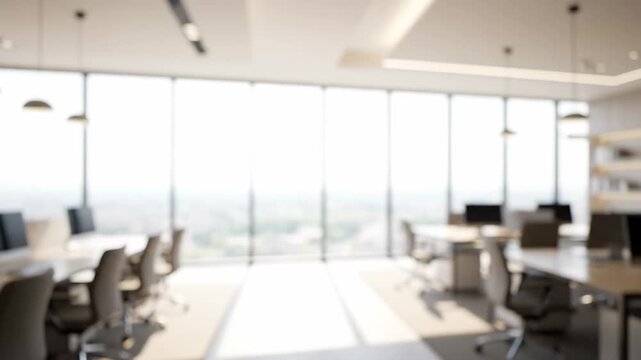 A blurred image of a modern office space with many workstations