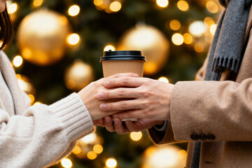 冬のイルミネーションの中で温かいコーヒーを手渡す恋人たちの手元のクローズアップ