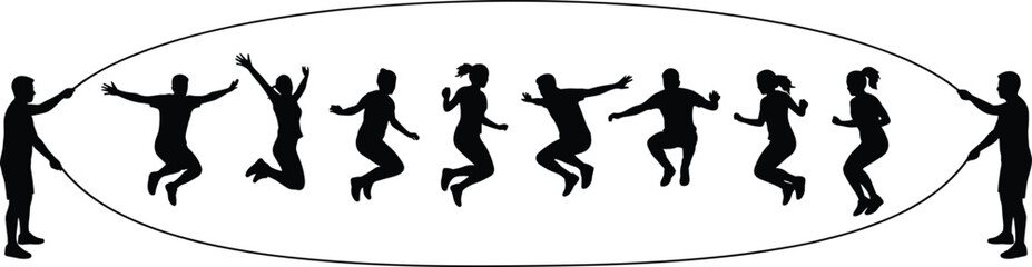 Silhouettes of people jumping rope together, expressing teamwork, fitness, joy, group activity, coordination, energy, healthy lifestyle, fun exercise concept