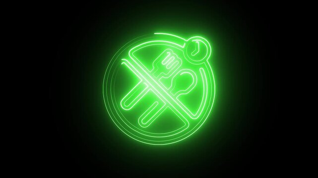 Neon sign of crossed cutlery on a plate indicating no food or dining allowed in a modern minimalist design against a dark background