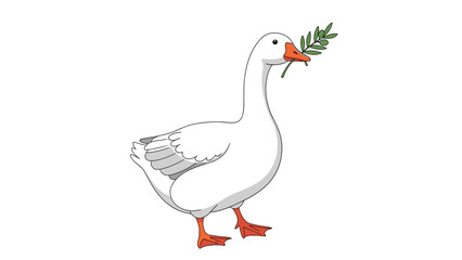 Obraz premium A graceful white goose walks while holding a green olive branch in its beak, symbolizing peace, hope, and good fortune.